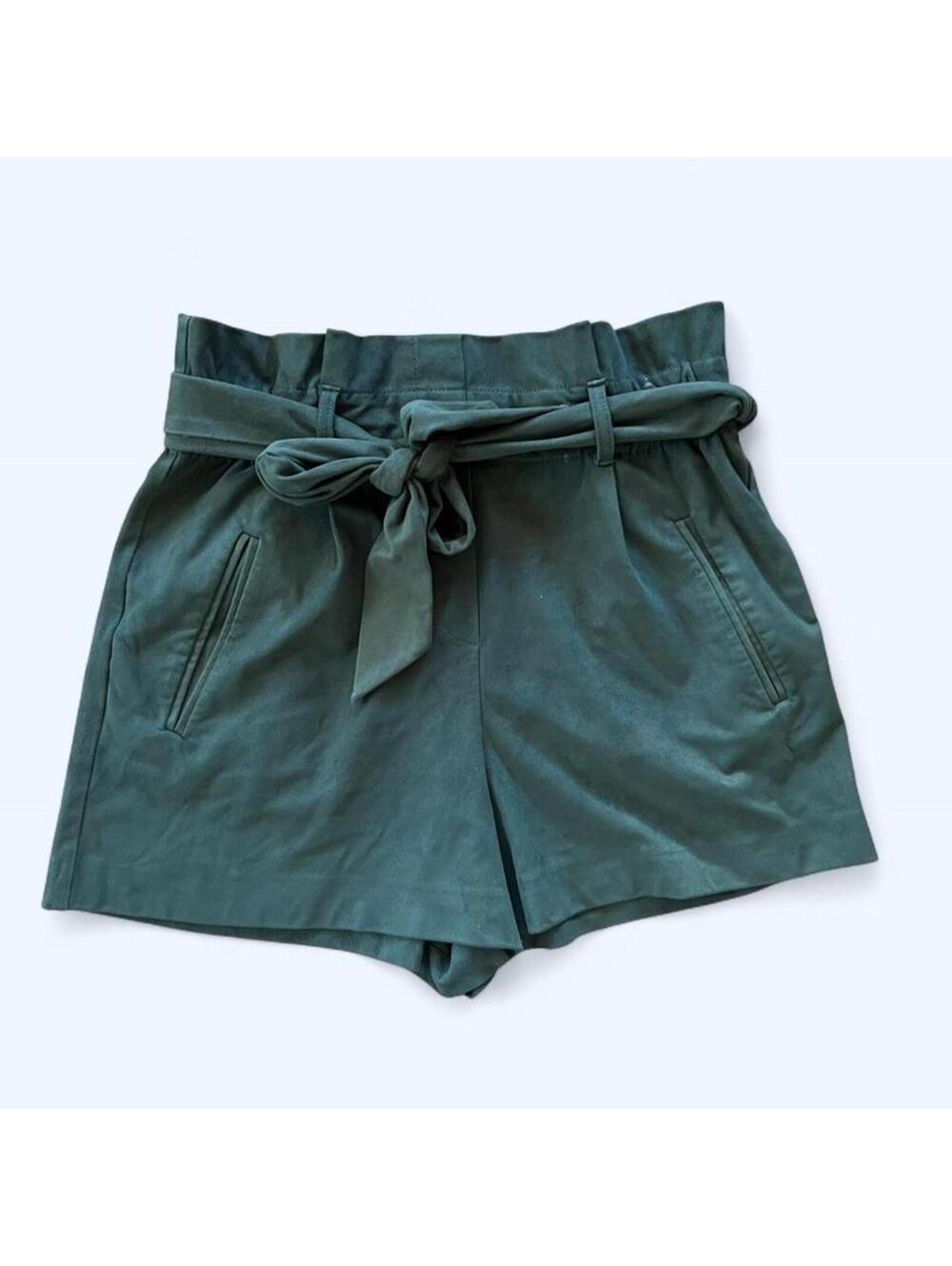 Zara green faux suede paperbag waist tie shorts size medium